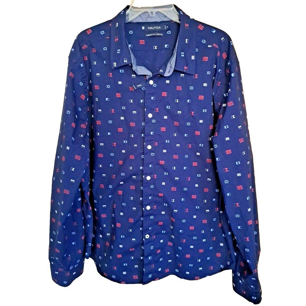 Nautica Shirt Men's Size XXL Classic Fit Geometric Print Navy Blue Stretch Blend